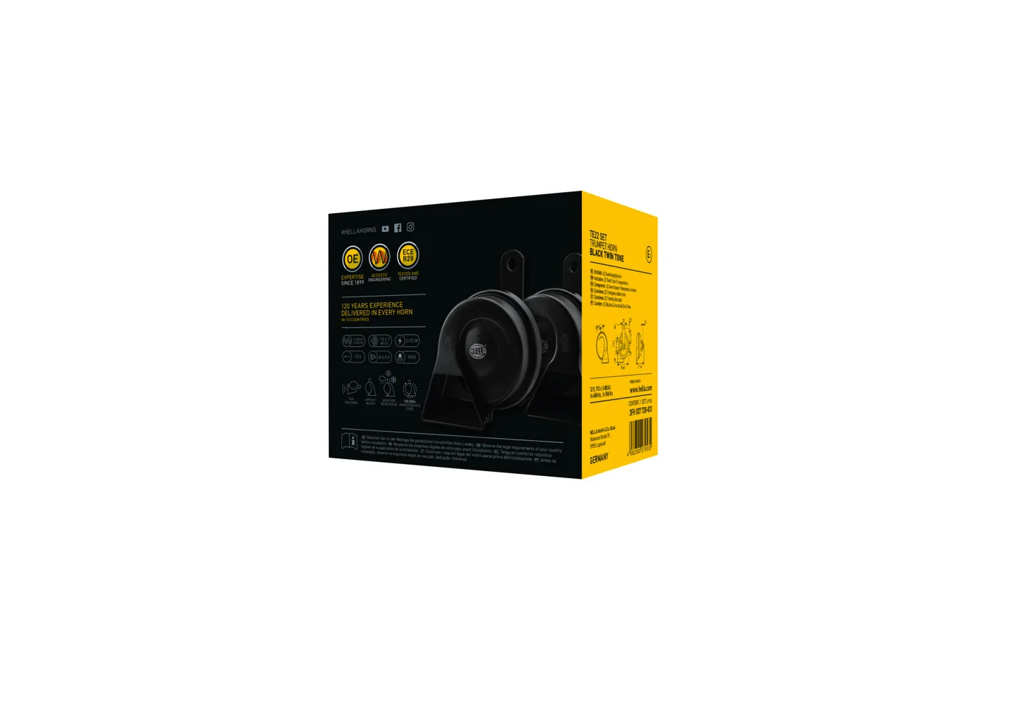 HELLA - 3FH 007 728-831 - Fanfare, HELLA ESSENTIAL HORN TE22 SET, 12V, 110dB(A), Hochton/Tiefton, Men