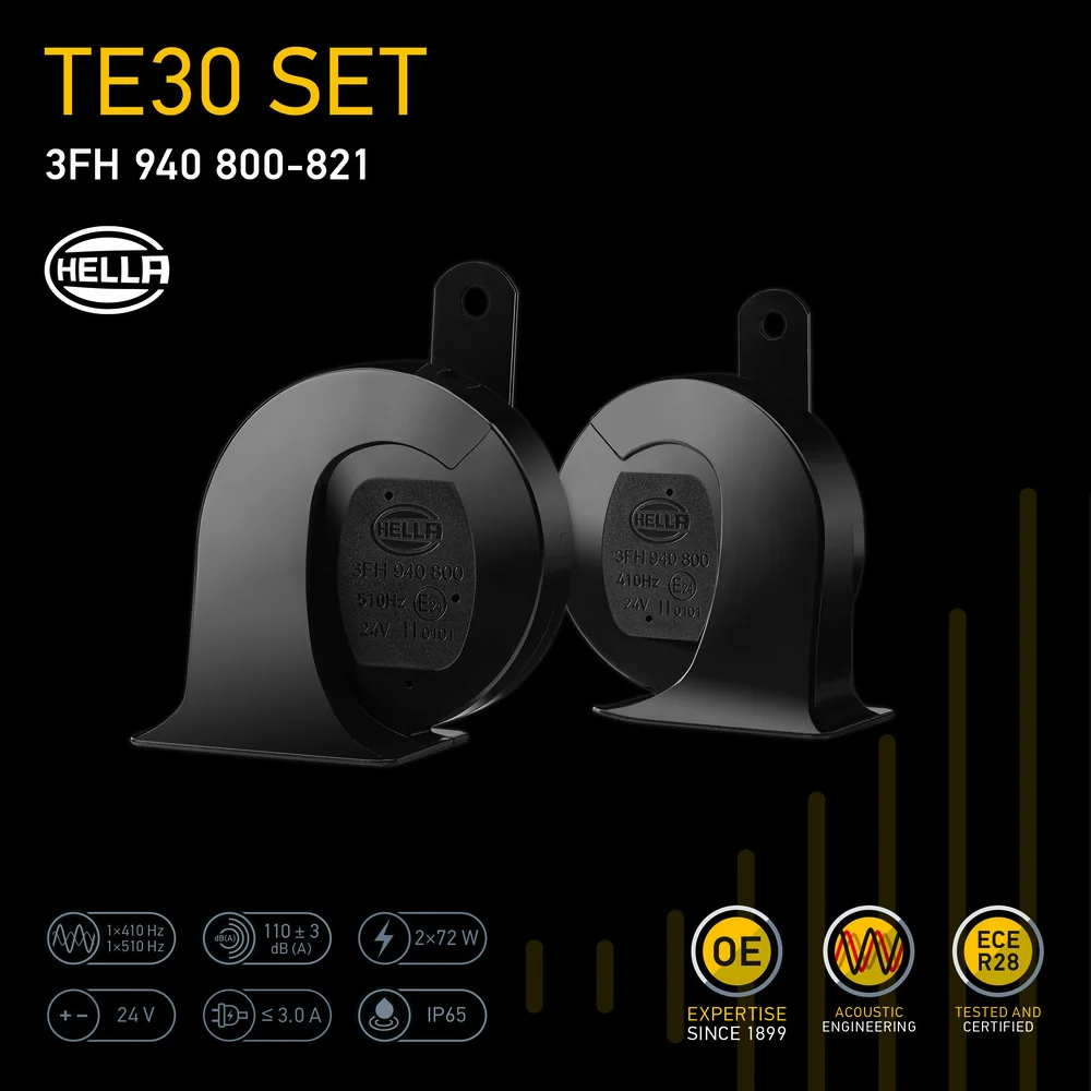 HELLA - 3FH 940 800-821 - Fanfare, HELLA HEAVY DUTY HORN TE30 SET, 24V, 110dB(A), Hochton/Tiefton, Me