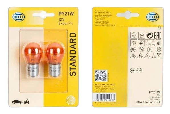 HELLA - 8GA 006 841-123 - Halogen-Glühlampe, PY21W, Standard, 12V, 21W, Menge: 2
