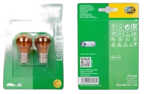 HELLA - 8GA 006 841-133 - Halogen-Glühlampe, PY21W, Long Life, 12V, 21W, Menge: 2