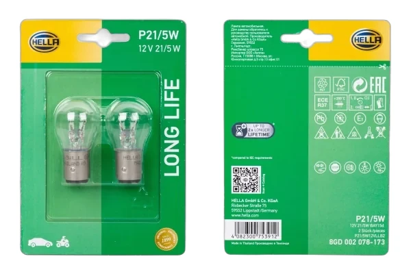 HELLA - 8GD 002 078-173 - Glühlampe, P21/5W, Long Life, 12V, 5W, Menge: 2