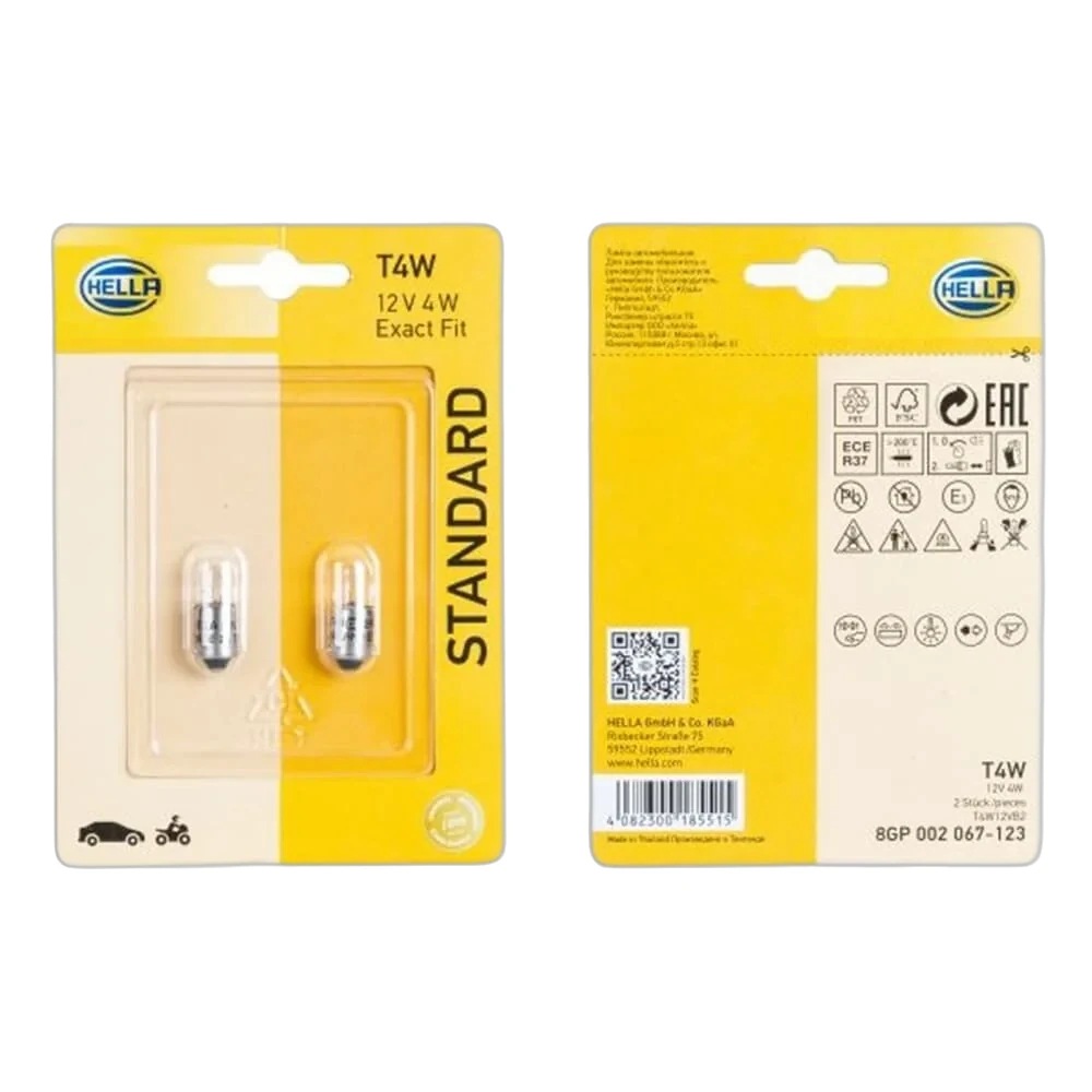 HELLA - 8GP 002 067-123 - Glühlampe, T4W, Standard, 12V, 4W, Menge: 2