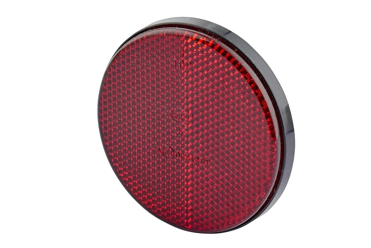 HELLA - 8RA 002 014-277 - Rückstrahler, Lichtscheibenfarbe: rot, rund, geklebt/Anbau
