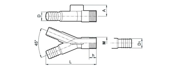 Arag - 140001AKB - Y 45° + Schlauchstutzen 2x25mm / 1x1"