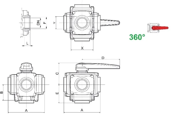 Arag - 453045A55 - Kugelhahn 1 1/4" 12 BAR 4-Wege