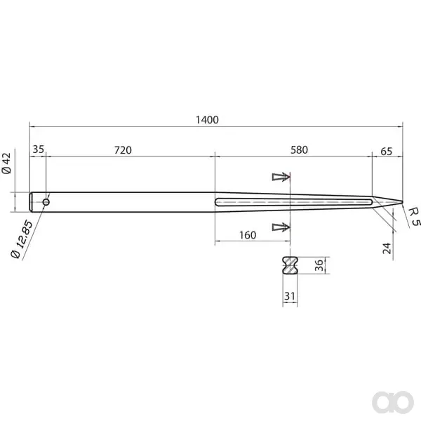Battista Porteri - FT421400 - Ladeschaufelzinke, Gerade, Doppel-T-Profil 42x1400mm, Spitzzinke Mit M42 Diameter 12,9 Spannstift, Schwarz, Battista Porteri