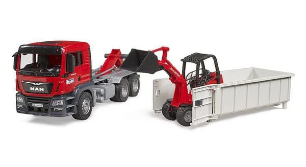 Bruder - U03767 - MAN TGS Lkw Mit Roll-Off-Container Und Schaeffer Compact-Lader 2630
