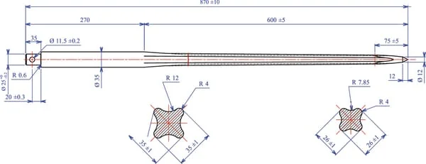Forges du Saut du Tarn - FT4064 - Ladeschaufelzinke, Gerade, Sternprofil 32x860mm, Spitzzinke mit M35 Diameter 11,5-Splint, Rot
