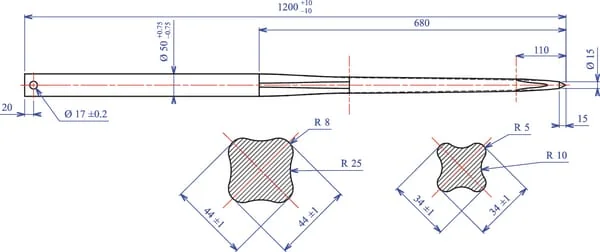 Forges du Saut du Tarn - FT488172 - Ladeschaufelzinke, Gerade, Sternprofil 50x1200mm, Spitze mit Diameter 17 Splint, Schwarz