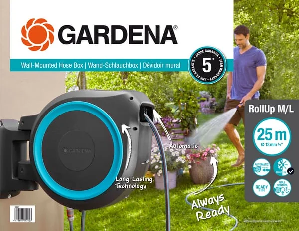 Gardena - GA18630 - Wandmontierter Schlauchturm Rollup XL, 35m 1/2" mit Spruehgeraet