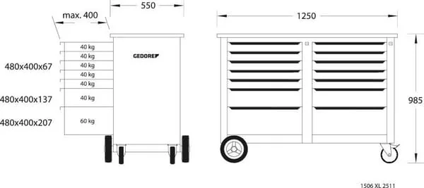 Gedore - GW1506XL2511 - Mobiler Werkstattwagen mit 14 Schubladen