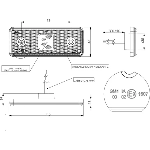 Gopart - LA35053 - Markierungsleuchte LED, 0.4/0.7W, Rechteckig, 12/24V, Orange, 112x45x11mm, 3 LEDS