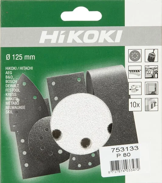 Hikoki - 753133 - Schleifscheibe Diameter 125mm K80 10 Stück Weiß