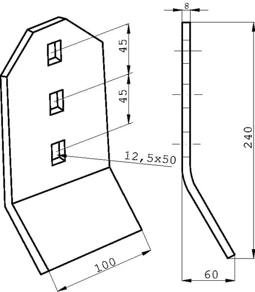 Kramp - 419999KR - Kultivatorzinke 240x100x8mm, Gehaertet, Flach, 3-Loch, Geeignet Fuer Vaederstad
