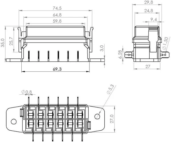 Kramp - FB10005KR - Sicherungskasten 6-Poliger Flachsteckeranschluss, Max. 32V 15A (ATO/ATC), 12x6,3 mm