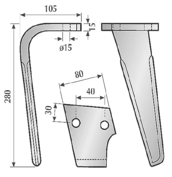 Kramp - KE1302 - Messer für Kreiselgrubber rechts, Länge 280 mm, geeignet für Rabe, Kramp