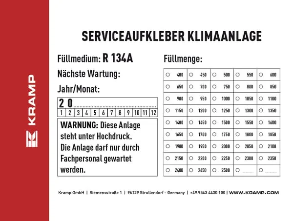 Kramp - KL070900 - Aufkleber Hinweisschild Klimaanlagenpruefung Deutsch 96x66mm Kramp