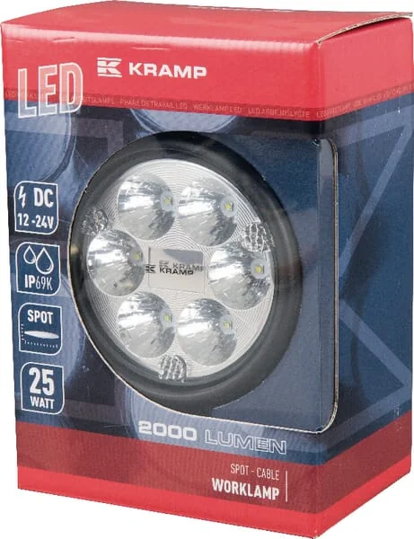 Kramp - LA10012 - Arbeitsleuchte LED, 25W, 2000lm, Rund, 10/30V, Diameter 117mm, Spot-Strahl, 6 LEDs Kramp