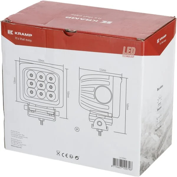 Kramp - LA10083 - Arbeitsleuchte LED 90W 8100lm Quadratisch 10/30V 150x124x135mm Flood 9 LEDs