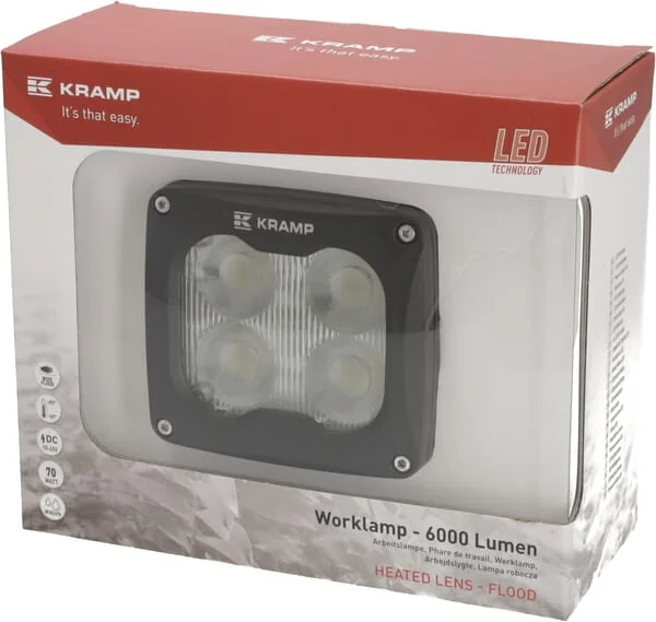 Kramp - LA104041 - Arbeitsscheinwerfer LED, 70W, 6000lm, Quadratisch, 10/45V, Weiß, 120x110x72mm, Beheizt Per Temperatursensor, Weitwinkel-Streulicht, 4 LEDs Kramp