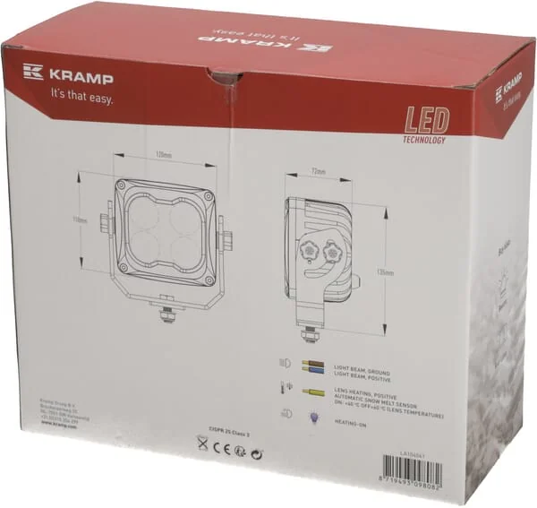 Kramp - LA104041 - Arbeitsscheinwerfer LED, 70W, 6000lm, Quadratisch, 10/45V, Weiß, 120x110x72mm, Beheizt Per Temperatursensor, Weitwinkel-Streulicht, 4 LEDs Kramp
