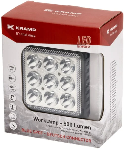 Kramp - LA10417 - Arbeitsleuchte LED 27W 500lm Quadratisch Blau 105x60x117mm Deutsch Stecker Spot Beam 9 LEDs