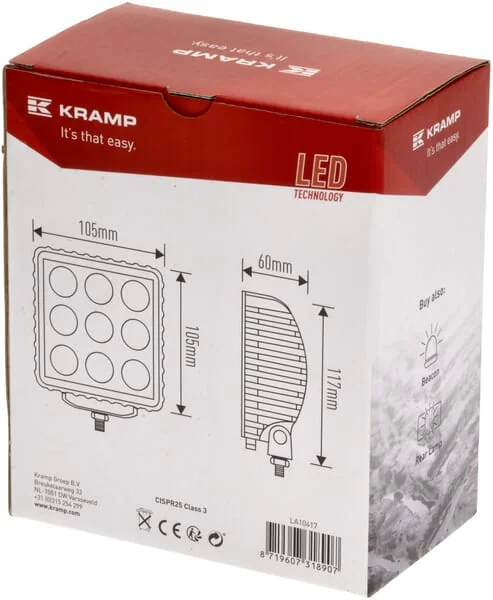 Kramp - LA10417 - Arbeitsleuchte LED 27W 500lm Quadratisch Blau 105x60x117mm Deutsch Stecker Spot Beam 9 LEDs
