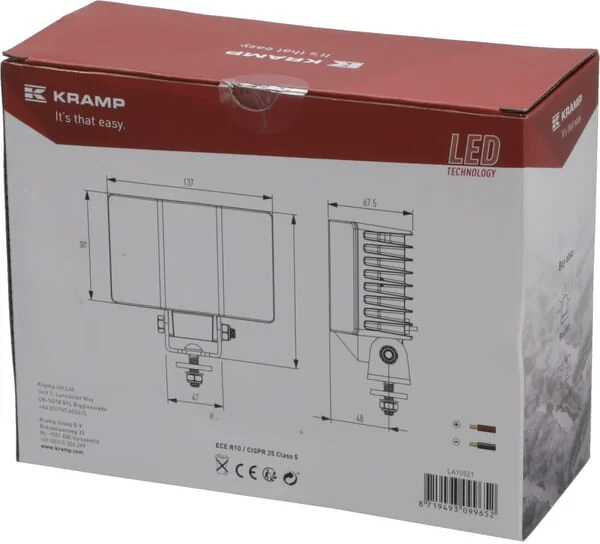Kramp - LA10521 - Arbeitsleuchte LED, 60W, 5700lm, Rechteckig, 9-36V, 137x90x67.5mm, Weitstrahler