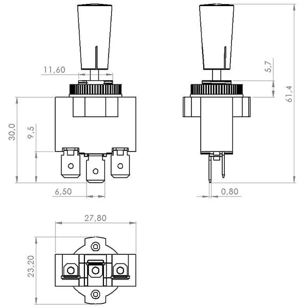 Kramp - SW10012KR - Kippschalter, Ein-Aus-Ein, 12-24VDC, 10A, 125-250VAC, 2A, 3-Polig, Flachsteckanschluesse, Metallmutter, Kunststoffkappe