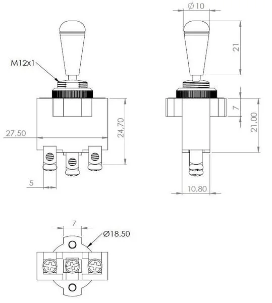 Kramp - SW10013KR - Kippschalter, Ein-Aus-Ein, 12-24VDC, 10A, 125-250VAC, 2A, 3-Polig, Schraubanschluesse, Metallmutter, Metallkappe