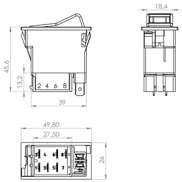 Kramp - SW10020KR - Wippschalter, I-0, Ein-Aus, 12V, 7-Polig, Funktionsbeleuchtung, Mit Gluehlampe