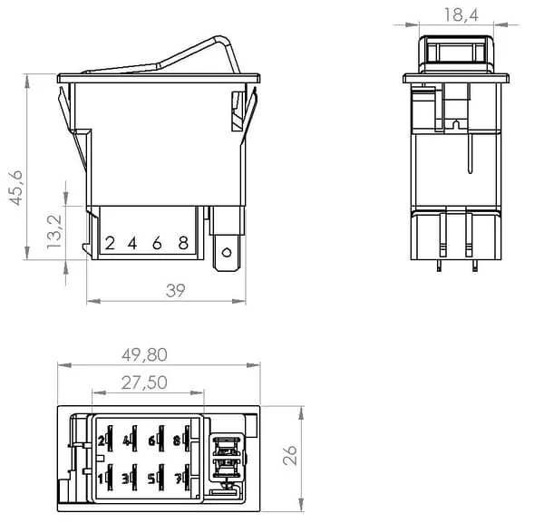 Kramp - SW10028KR - Kippschalter, I-0, Ein-Aus, 24V, 9-Polig, Funktionsbeleuchtung, Mit Gluehlampe