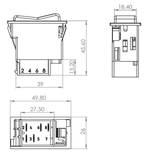 Kramp - SW10030KR - Kippschalter, II+I-0, Aus-Ein-Ein, 12/24V, 7-Polig, Stellungsbeleuchtung, Mit Gluehlampe