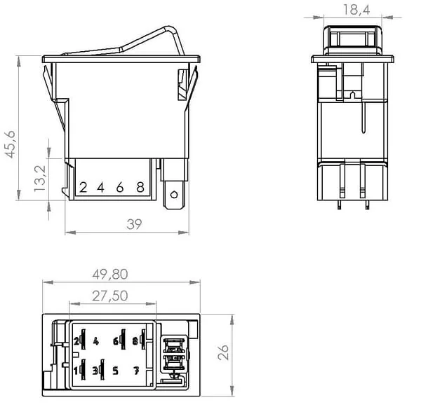 Kramp - SW10031KR - Kippschalter, II+I-0, Aus-Ein-Ein, 12V, 7-Polig, Stellungsbeleuchtung, Mit Gluehlampe