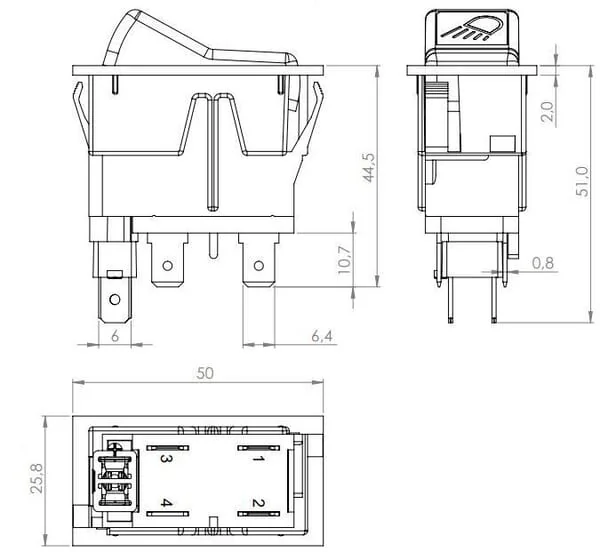 Kramp - SW10039KR - Kippschalter, I-0, Ein-Ein, 12V, 4-Polig, Arbeitsleuchte Links