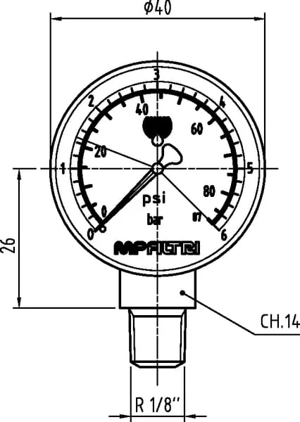 MP Filtri - MP9V1P01 - Sichtbarer Manometer 1/8 BSP Unten 1,4 Bar MPF/MPX/MPT/MPH