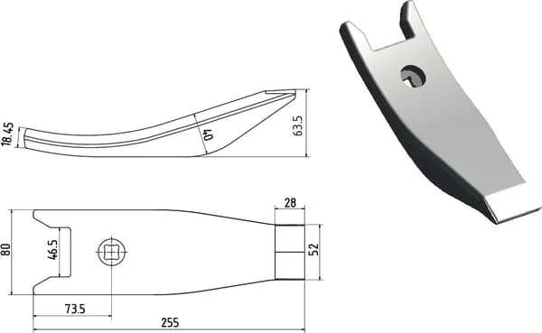 Non Branded - 00311069N - Kultivatorschar 255x80x18 mm, Gehaertet, Gebogen, 1 Loch, Geeignet fuer Horsch