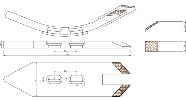 Non Branded - CP682CN - Konica-Kultivatorspitze 370x100x20mm, Gehaertet, Gebogen, 2 Loecher, Geeignet Fuer Farmet