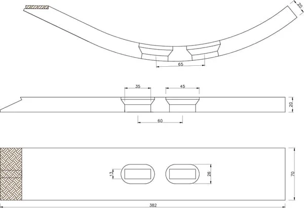 Non Branded - CP696CN - Kultivatorspitze 382x70x20mm, Gehaertet, Gebogen, 2 Loecher