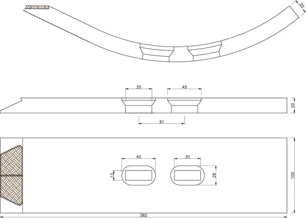 Non Branded - CP704CN - Kultivatorspitze 382x100x20mm, Gehaertet, Gebogen, 2 Loecher