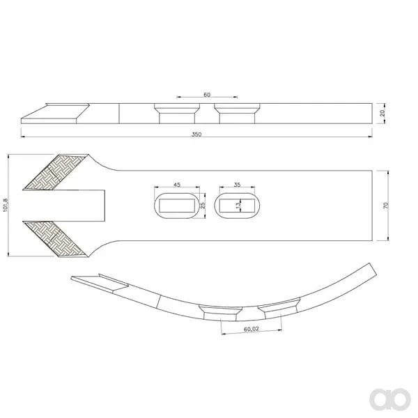 Non Branded - CP893CN - Kultivatorspitze 350x101x14mm, Gehaertet, Gebogen, 2-Loch