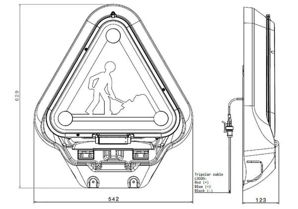 Sacex - 2090L5220E - Dreieck Mit Drei LED Blitzleuchten 12V 500 mm, Klasse II, 3 m Kabel, Elektrische Hebung