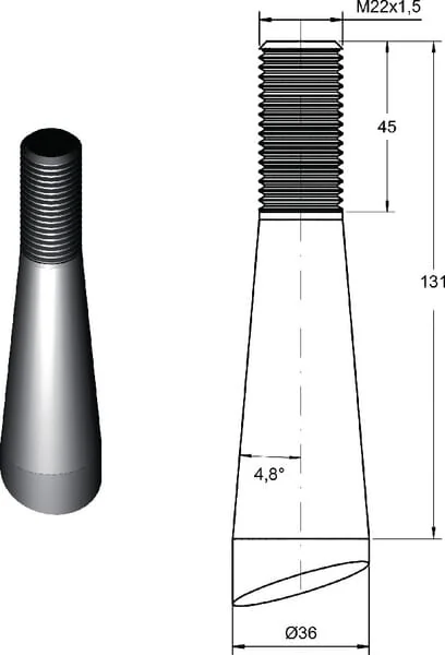 SHW - FT43 - Ladeschaufelzinke, Gebogen, Quadratprofil 36x800mm, Spitzzinke Mit M22x1,5mm Mutter, Rot