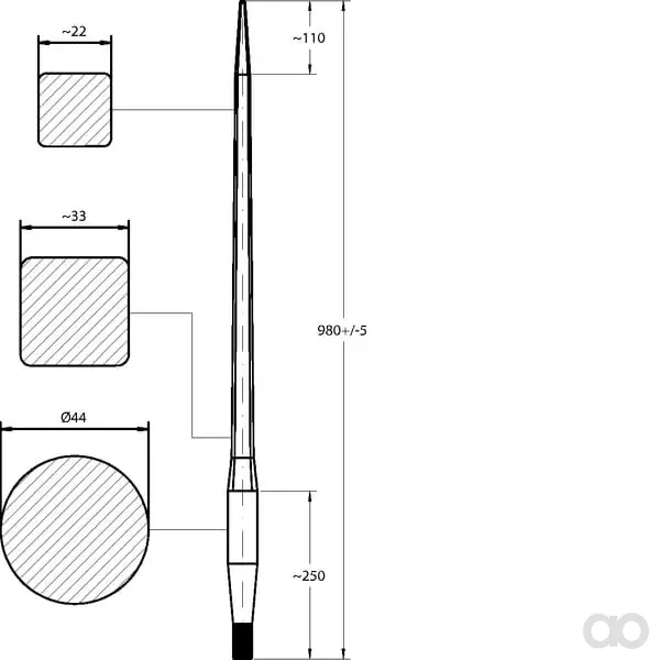 SHW - FT58 - Ladergabel, Gerade, Quadratprofil 44x980mm, Mit Spitze Und M30x2mm Mutter, Rot
