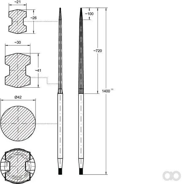 SHW - FT5S - Ladergabel, Gerade, Doppel-T-Profil 42x1400mm, Spitze Mit M28x1.5mm Mutter, Schwarz
