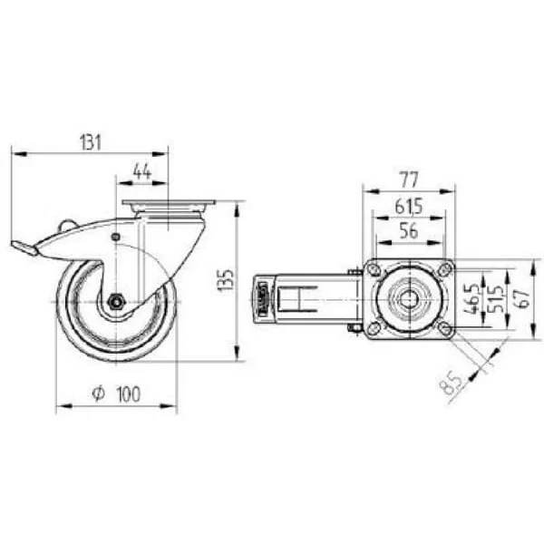 Tente - 2477PJP100P50 - Laufrolle Schwenkbar, Gummilaufrad: Diameter 100x32mm, Mit Bremse, Plattenbefestigung: 77x67mm Belastung: 100kg, Tente