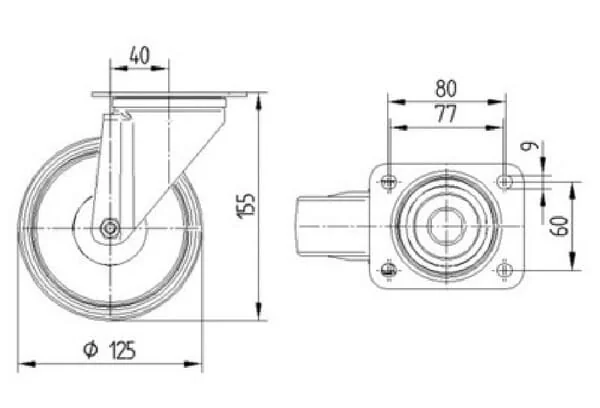Tente - 3470DVJ125P62 - Lenkrollen mit schwarzem Gummireifen