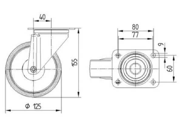 Tente - 3470PIR125P62 - Lenkrollen mit grauem Gummireifen