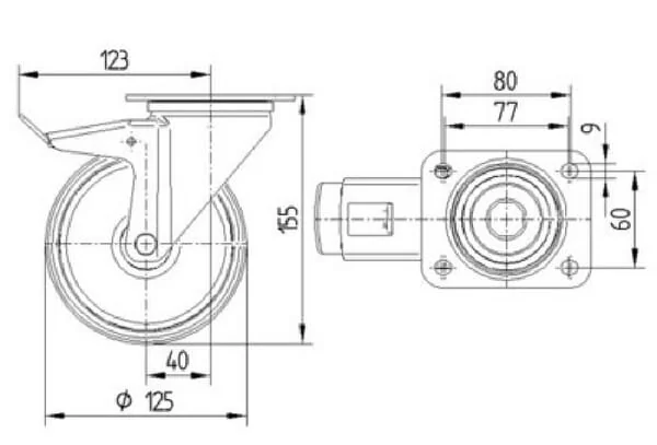 Tente - 3477DVJ125P62 - Lenkrollen mit schwarzem Gummireifen