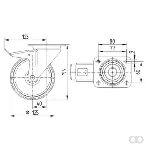Tente - 3477HUR125P62 - Lenkrollen mit grauem Polyamid-Laufbelag und Gummikern